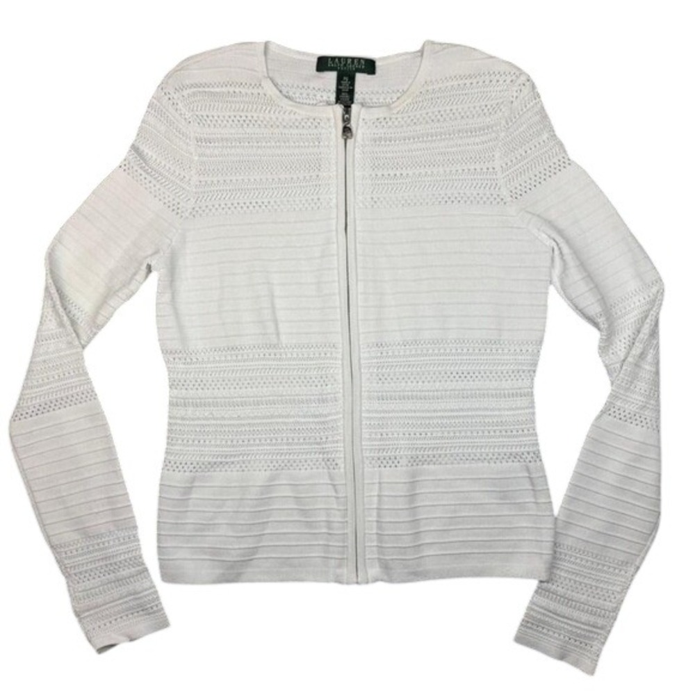 Lauren Ralph Lauren Petite Small White Knit Zip Up Cardigan Sweater Preppy NWOT